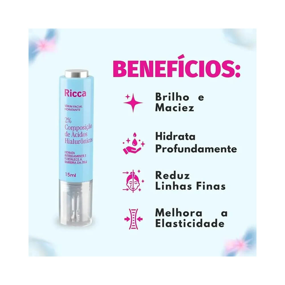 Frasco do Sérum Ricca Ácido Hialurônico ao lado de texto com benefícios em fundo claro e detalhes florais